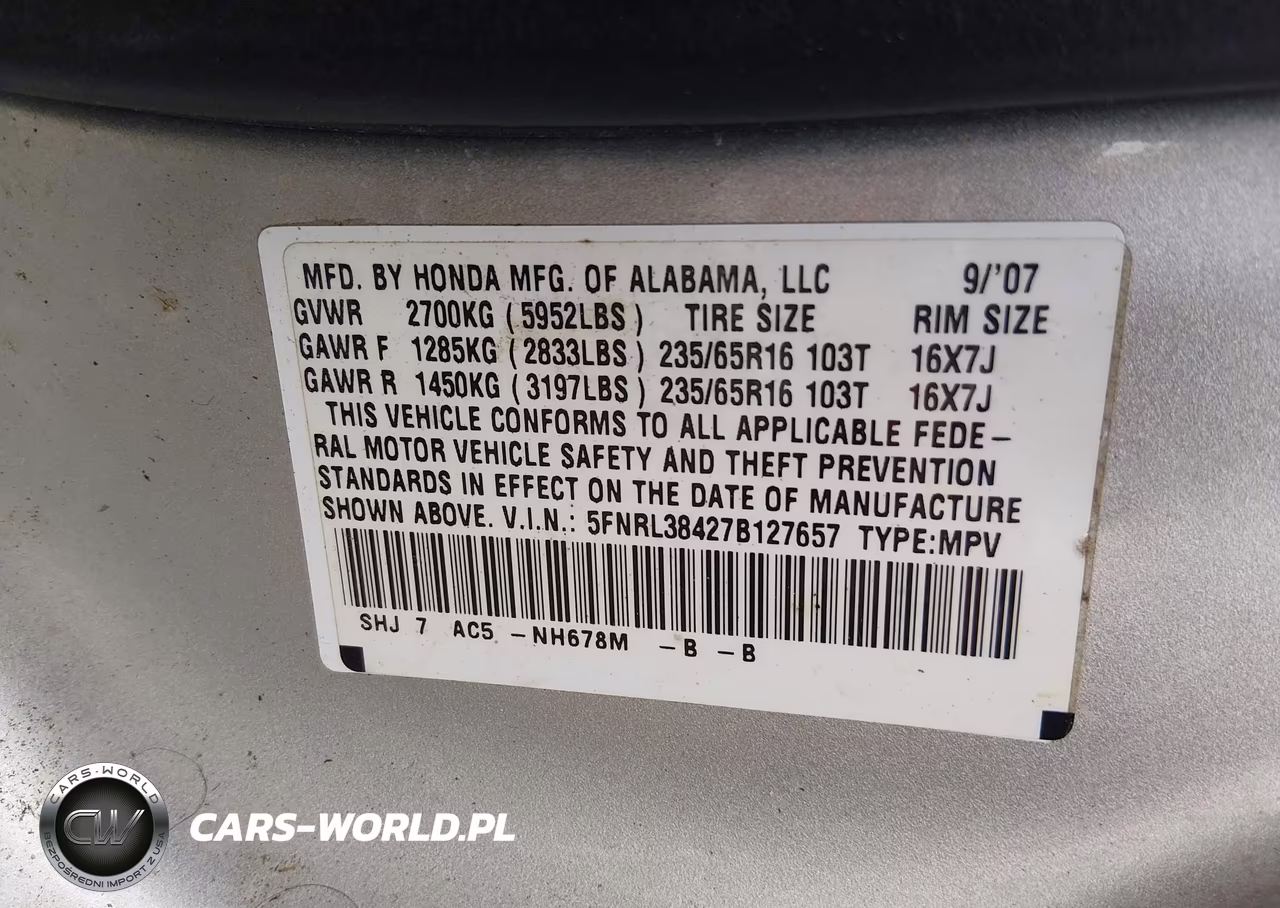 2007 Honda Odyssey Ex VIN:5FNRL38427B127657 - 9