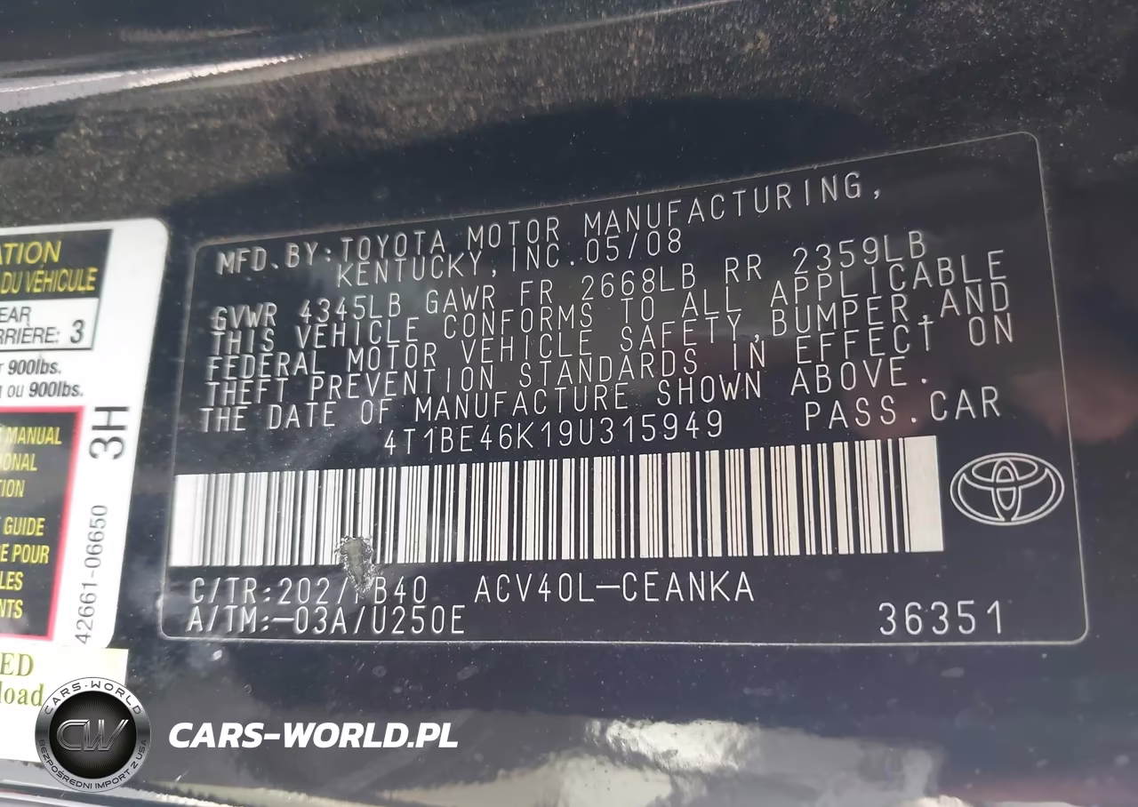 2009 Toyota Camry Le VIN:4T1BE46K19U315949 - 9