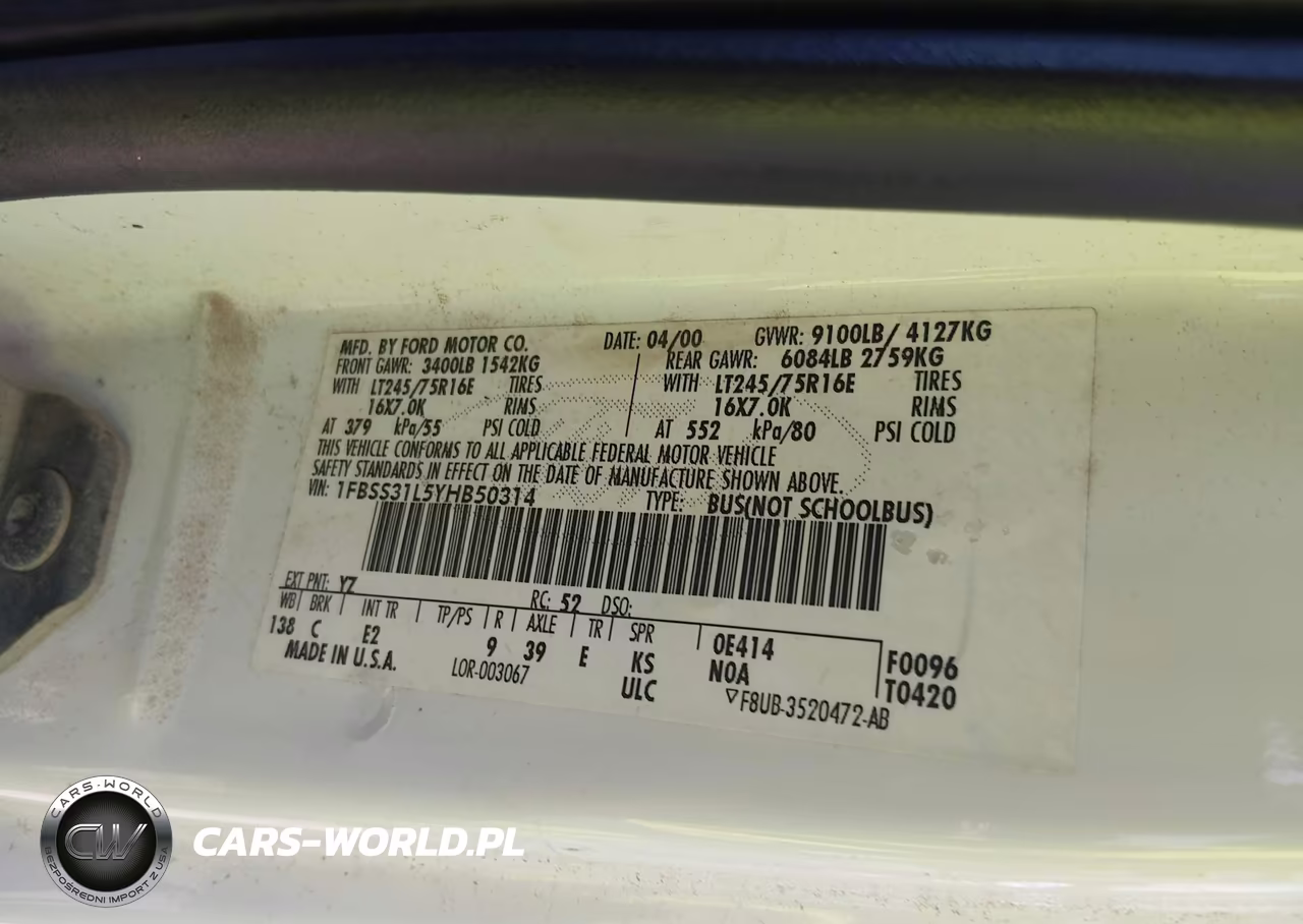 2000 Ford E-350 Super Duty Xl-Xlt VIN:1FBSS31L5YHB50314 - 9