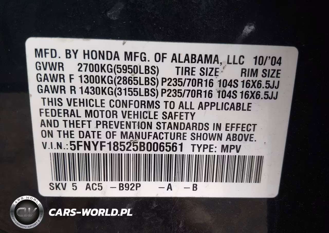 2005 Honda Pilot Ex-L VIN:5FNYF18525B006561 - 9