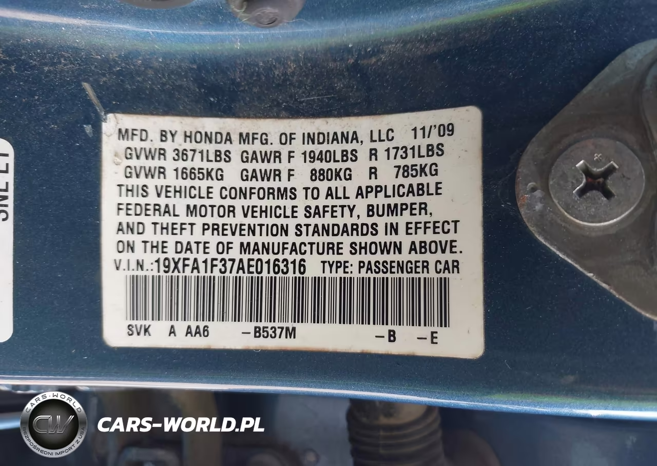2010 Honda Civic Vp VIN:19XFA1F37AE016316 - 9