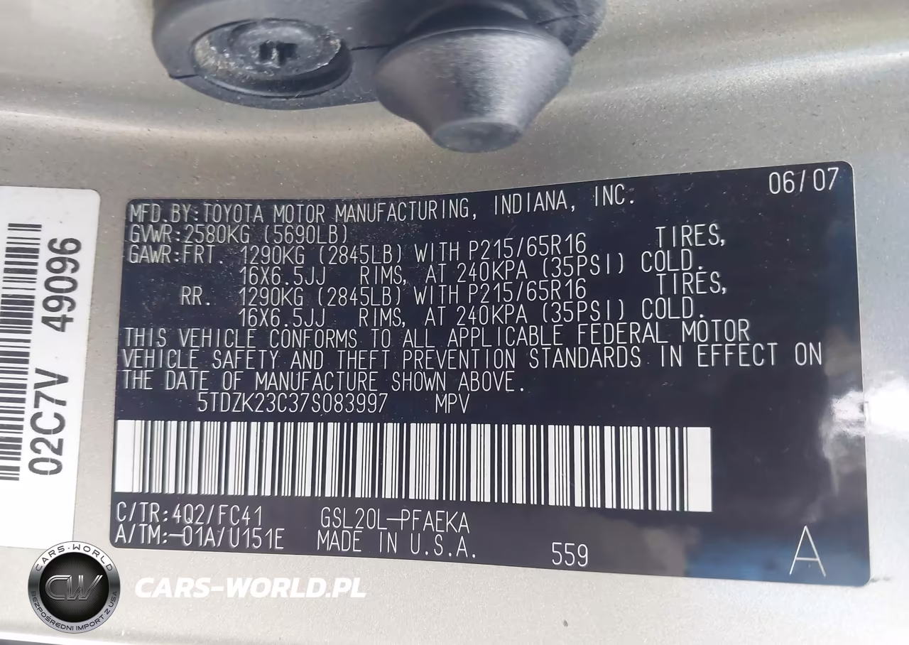 2007 Toyota Sienna Le VIN:5TDZK23C37S083997 - 9