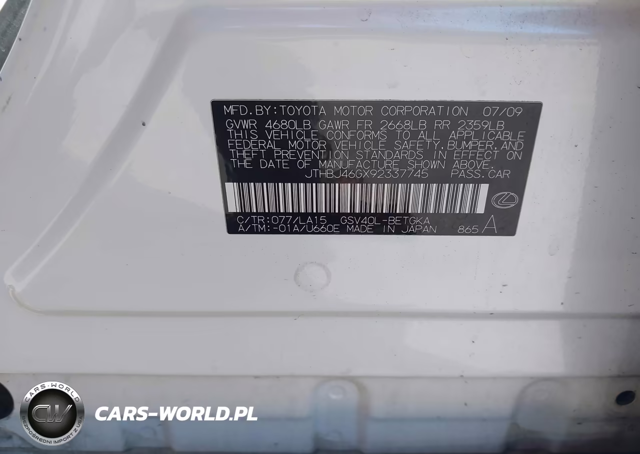 2009 Lexus Es 350 VIN:JTHBJ46GX92337745 - 9