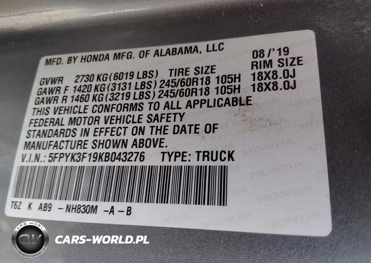2019 Honda Ridgeline Sport VIN:5FPYK3F19KB043276 - 9