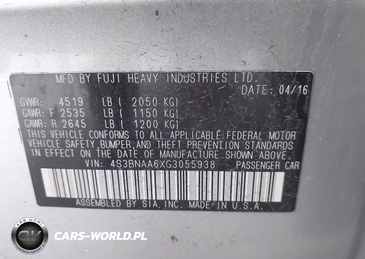 2016 Subaru Legacy 2.5I VIN:4S3BNAA6XG3055938 - 9