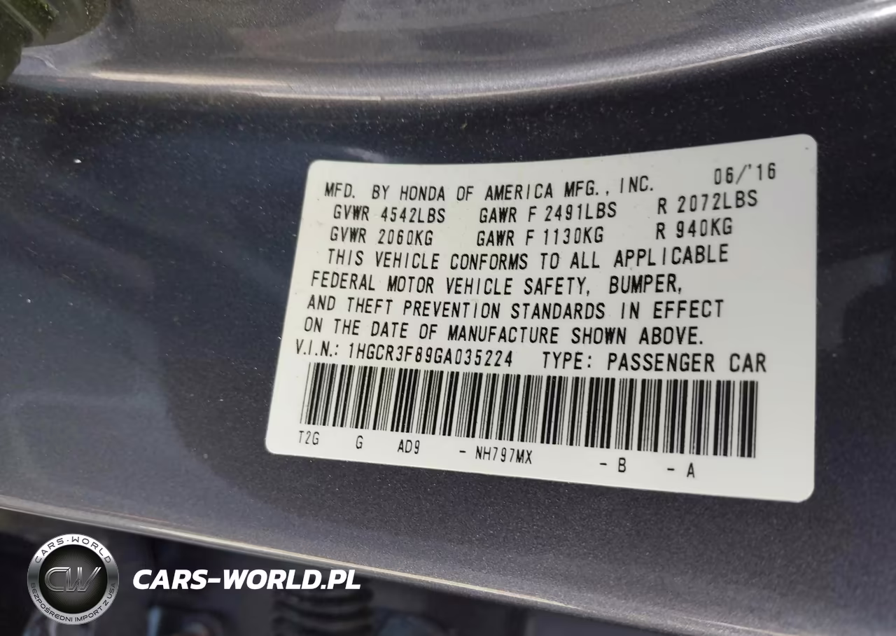 2016 Honda Accord Exl VIN:1HGCR3F89GA035224 - 9