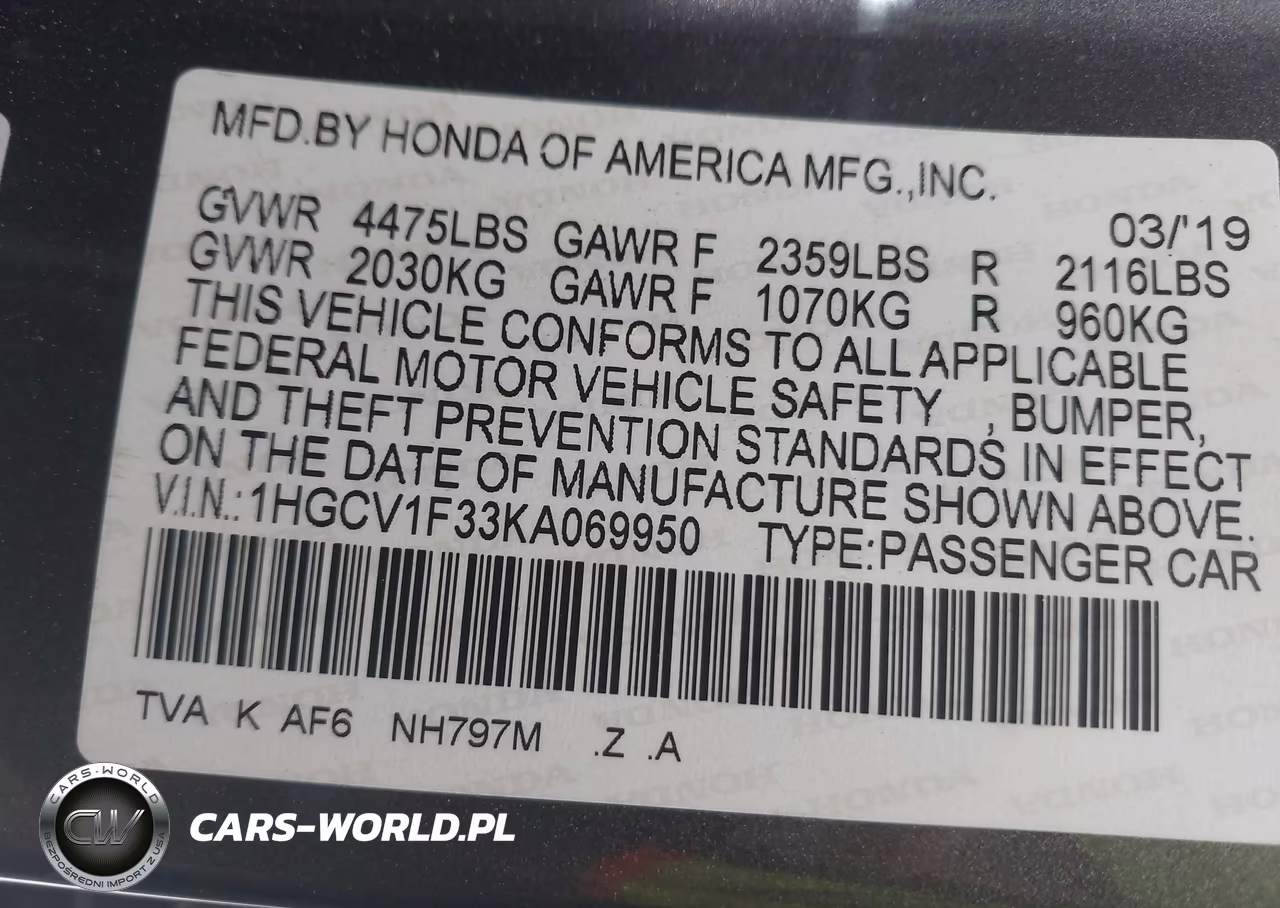 2019 Honda Accord Sport VIN:1HGCV1F33KA069950 - 9