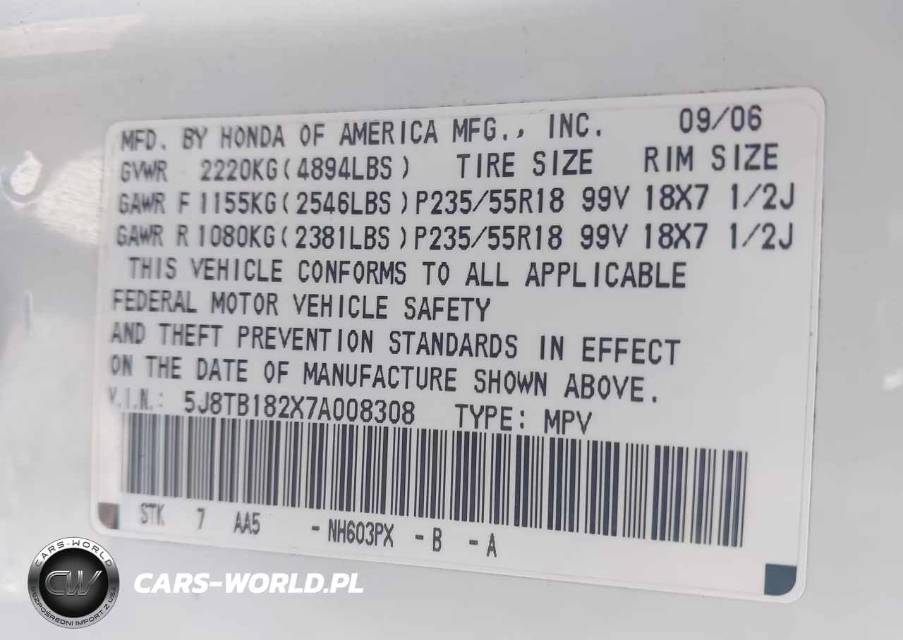 2007 Acura Rdx VIN:5J8TB182X7A008308 - 9