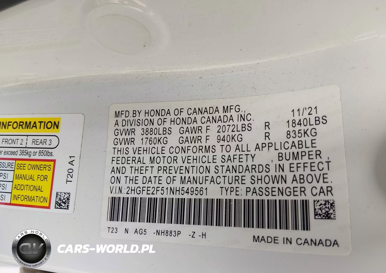 2022 Honda Civic Sport VIN:2HGFE2F51NH549561 - 9