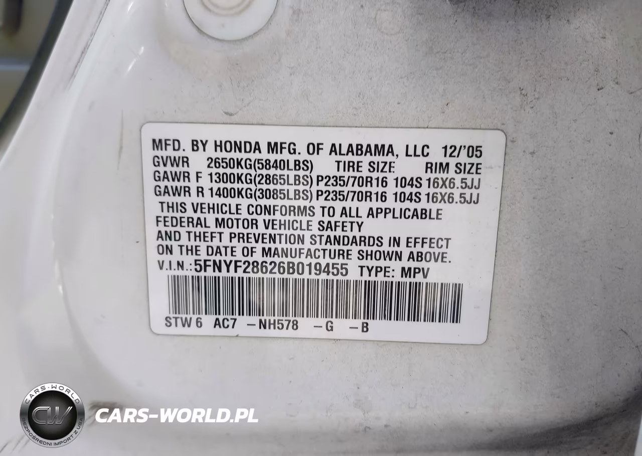 2006 Honda Pilot Ex-L VIN:5FNYF28626B019455 - 9