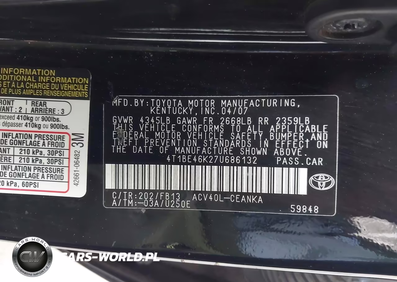 2007 Toyota Camry Le VIN:4T1BE46K27U686132 - 9