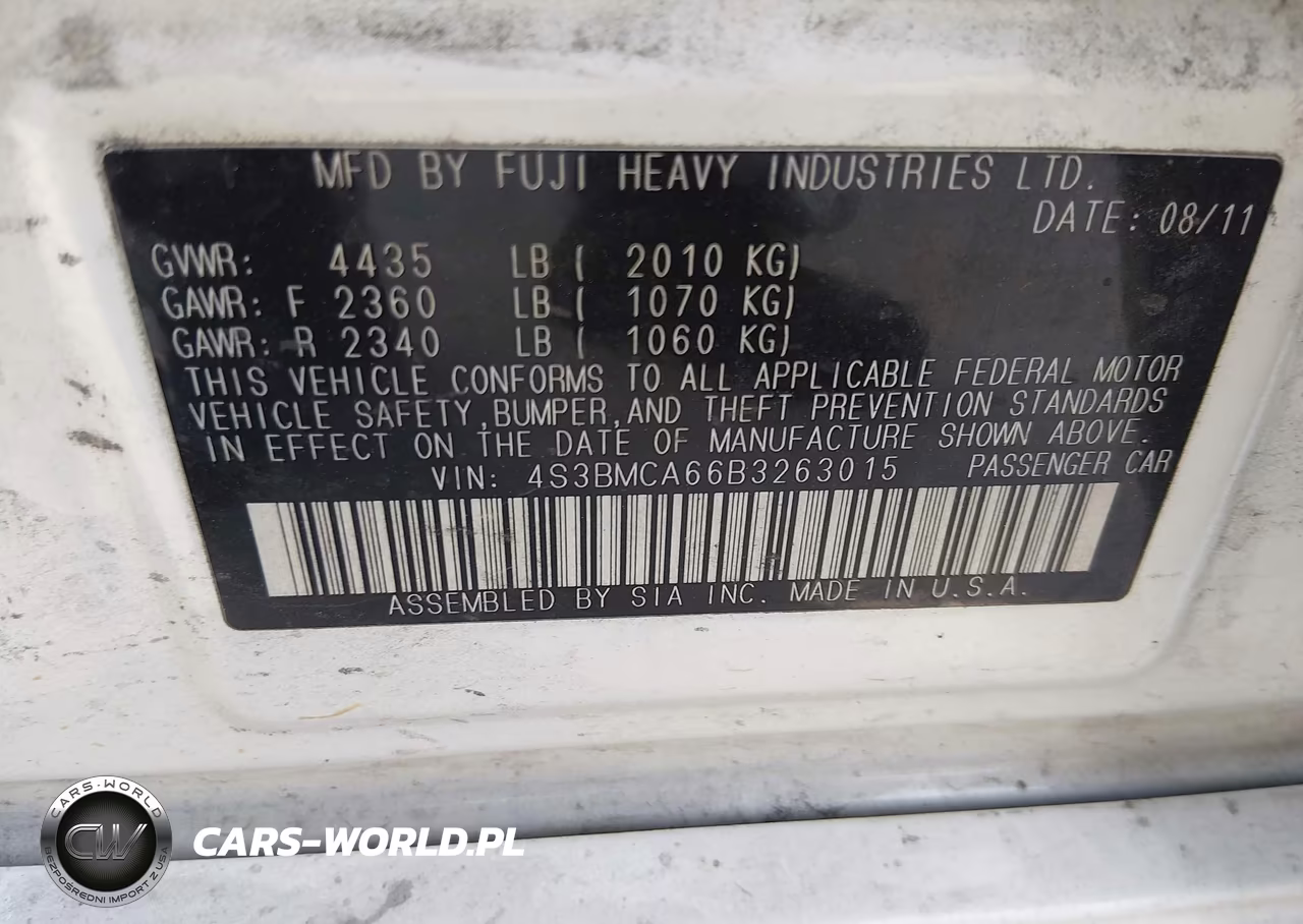 2011 Subaru Legacy 2.5I VIN:4S3BMCA66B3263015 - 9