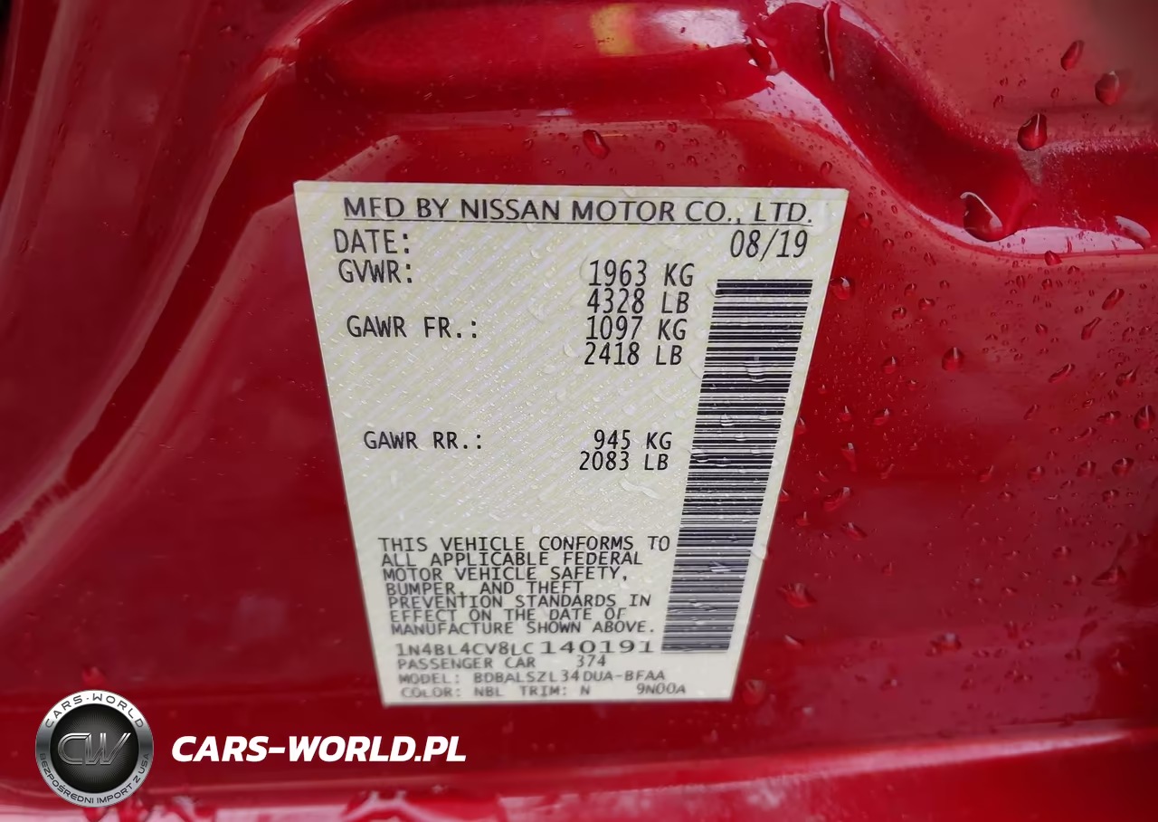 2020 Nissan Altima Sr Fwd VIN:1N4BL4CV8LC140191 - 9