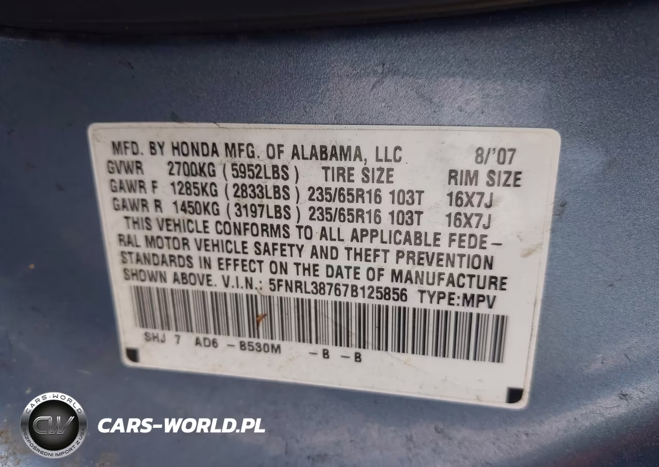 2007 Honda Odyssey Ex-L VIN:5FNRL38767B125856 - 9