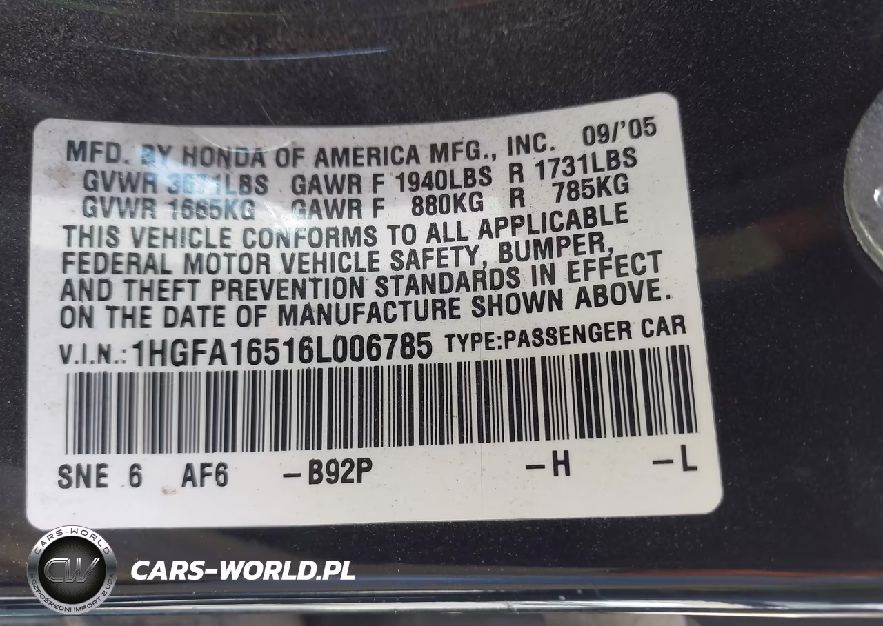 2006 Honda Civic Lx VIN:1HGFA16516L006785 - 9