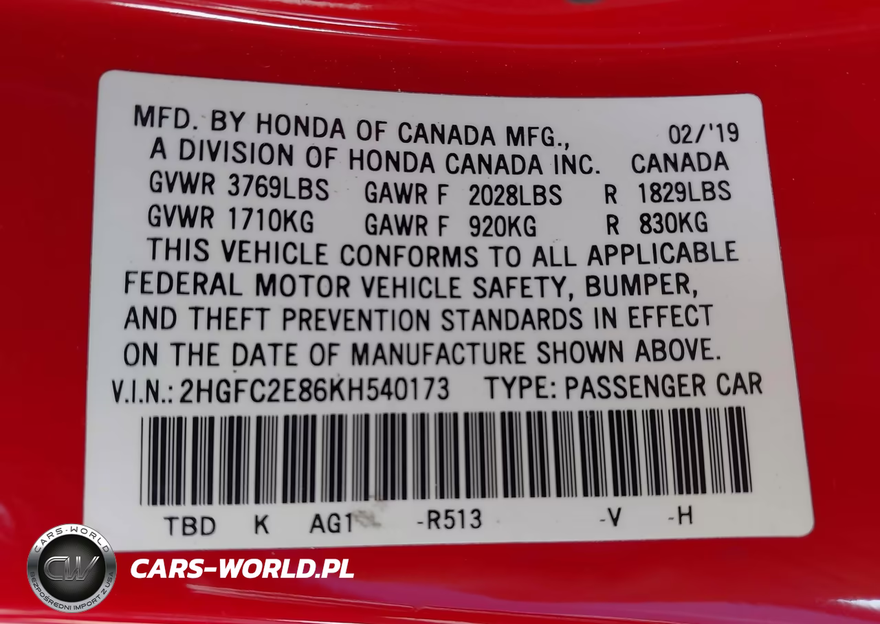 2019 Honda Civic Sport VIN:2HGFC2E86KH540173 - 9
