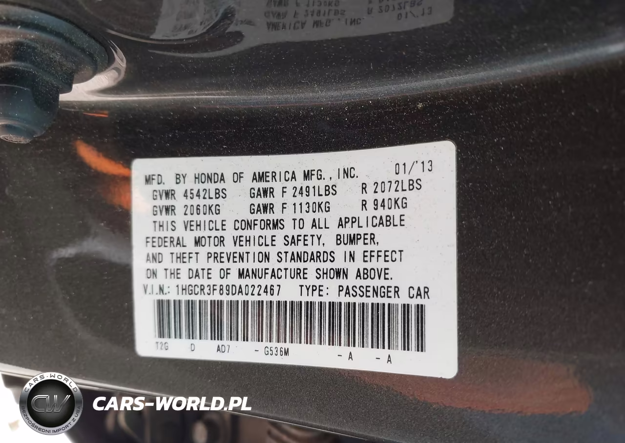 2013 Honda Accord Ex-L V-6 VIN:1HGCR3F89DA022467 - 9