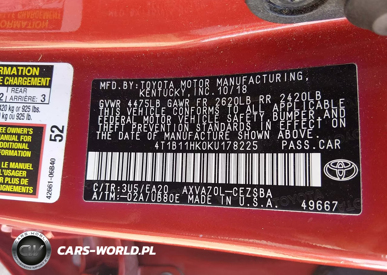 2019 Toyota Camry Se VIN:4T1B11HK0KU178225 - 9