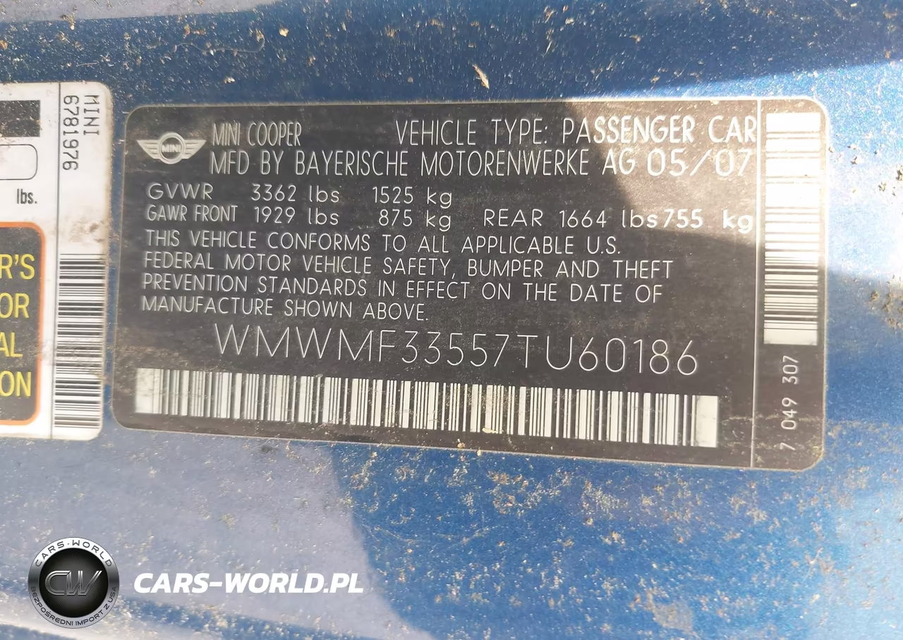 2007 Mini Cooper VIN:WMWMF33557TU60186 - 9