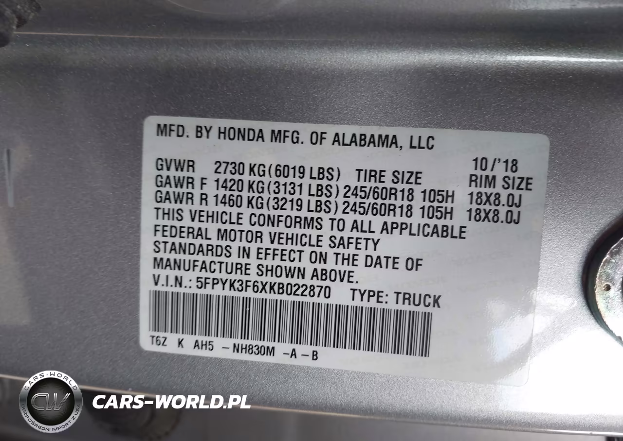 2019 Honda Ridgeline Rtl-T VIN:5FPYK3F6XKB022870 - 9