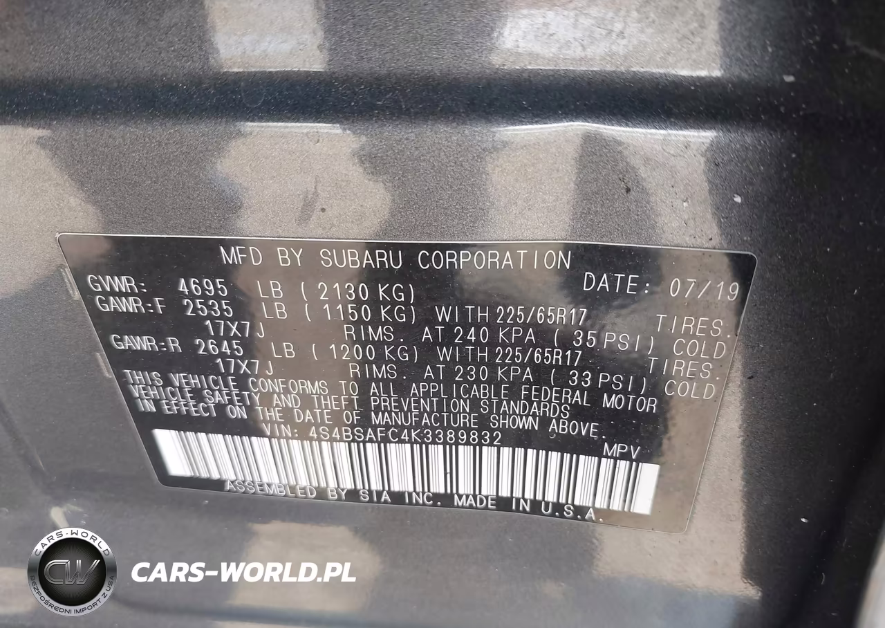 2019 Subaru Outback 2.5I Premium VIN:4S4BSAFC4K3389832 - 9