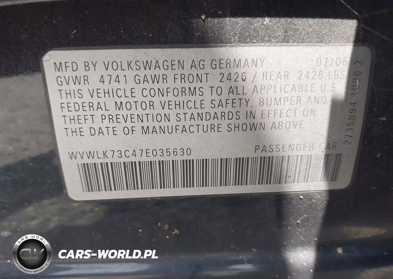 2007 Volkswagen Passat 2.0T VIN:WVWLK73C47E035630 - 9