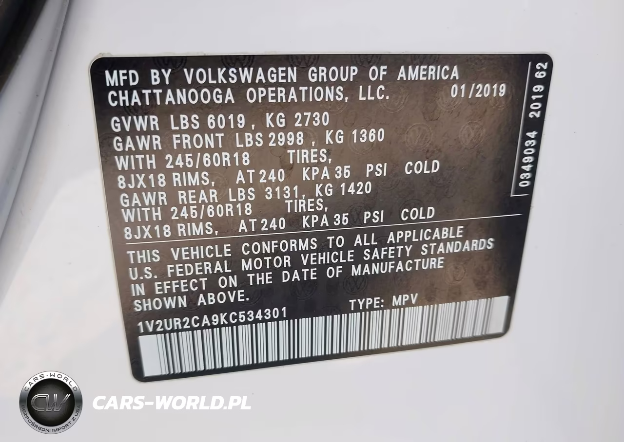 2019 Volkswagen Atlas 3.6L V6 Se W-Technology VIN:1V2UR2CA9KC534301 - 9