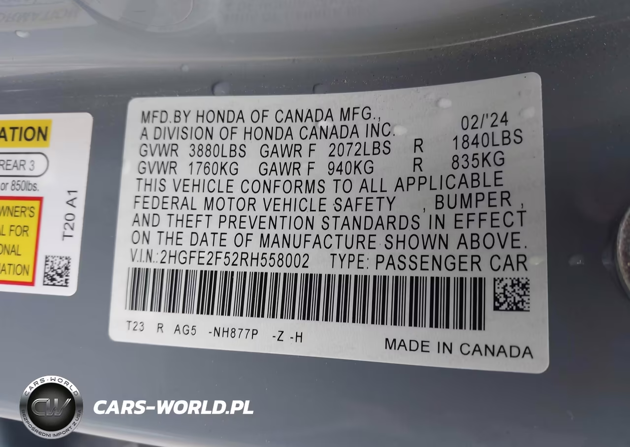 2024 Honda Civic Sport VIN:2HGFE2F52RH558002 - 9