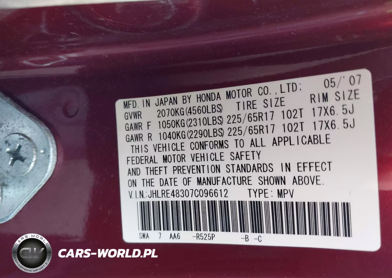 2007 Honda Cr-V Lx VIN:JHLRE48307C096612 - 9
