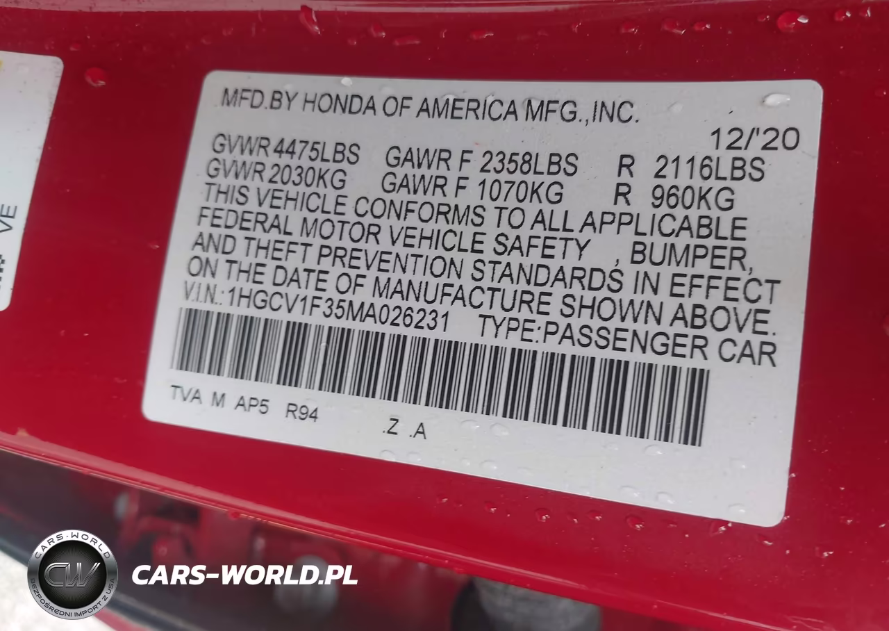 2021 Honda Accord Sport VIN:1HGCV1F35MA026231 - 9