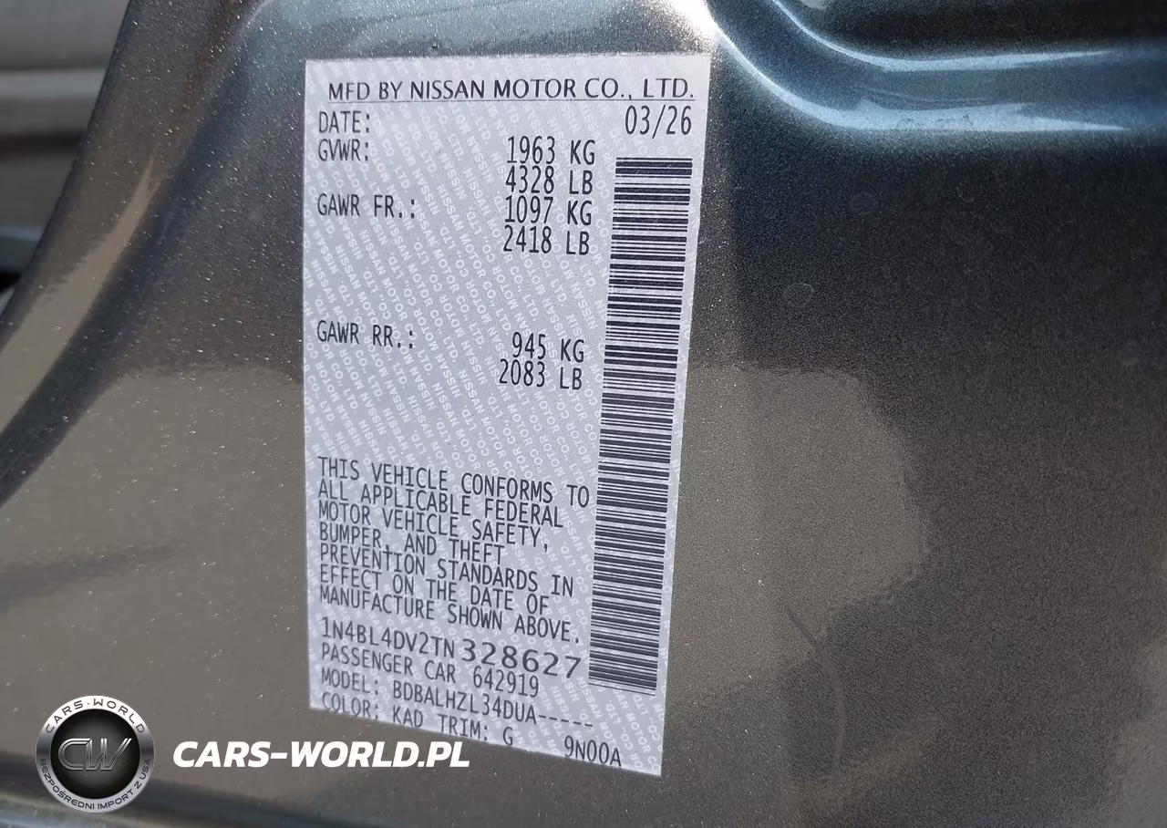 2026 Nissan Altima Sv Fwd VIN:1N4BL4DV2TN328627 - 9
