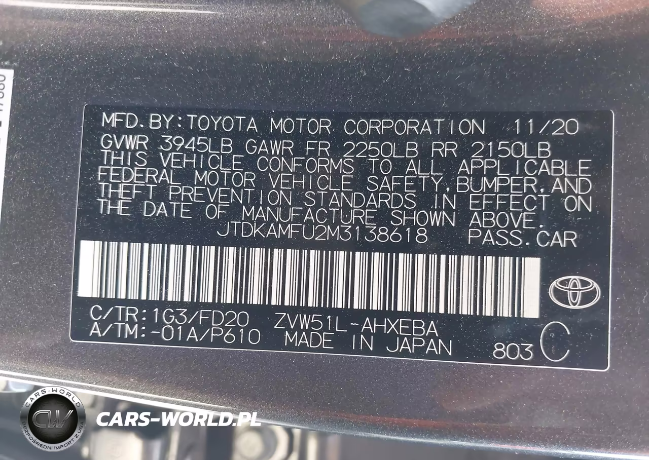 2021 Toyota Prius Le VIN:JTDKAMFU2M3138618 - 9
