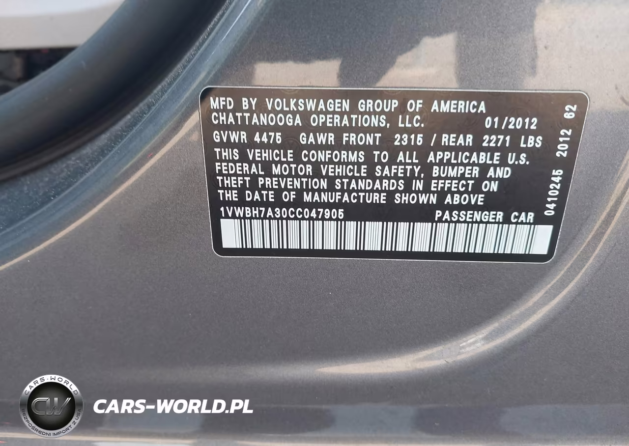2012 Volkswagen Passat 2.5L Se VIN:1VWBH7A30CC047905 - 9