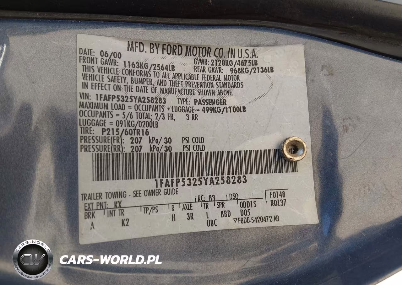 2000 Ford Taurus Se VIN:1FAFP5325YA258283 - 9