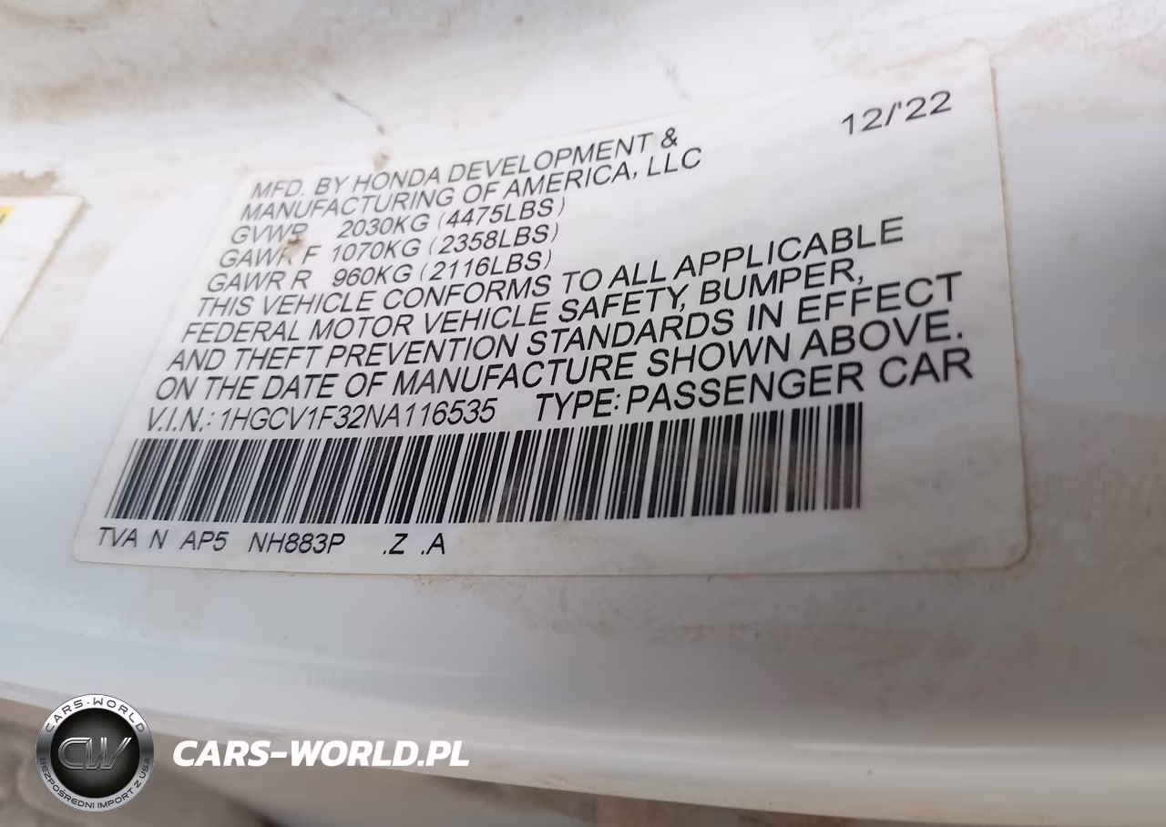 2022 Honda Accord Sport VIN:1HGCV1F32NA116535 - 9
