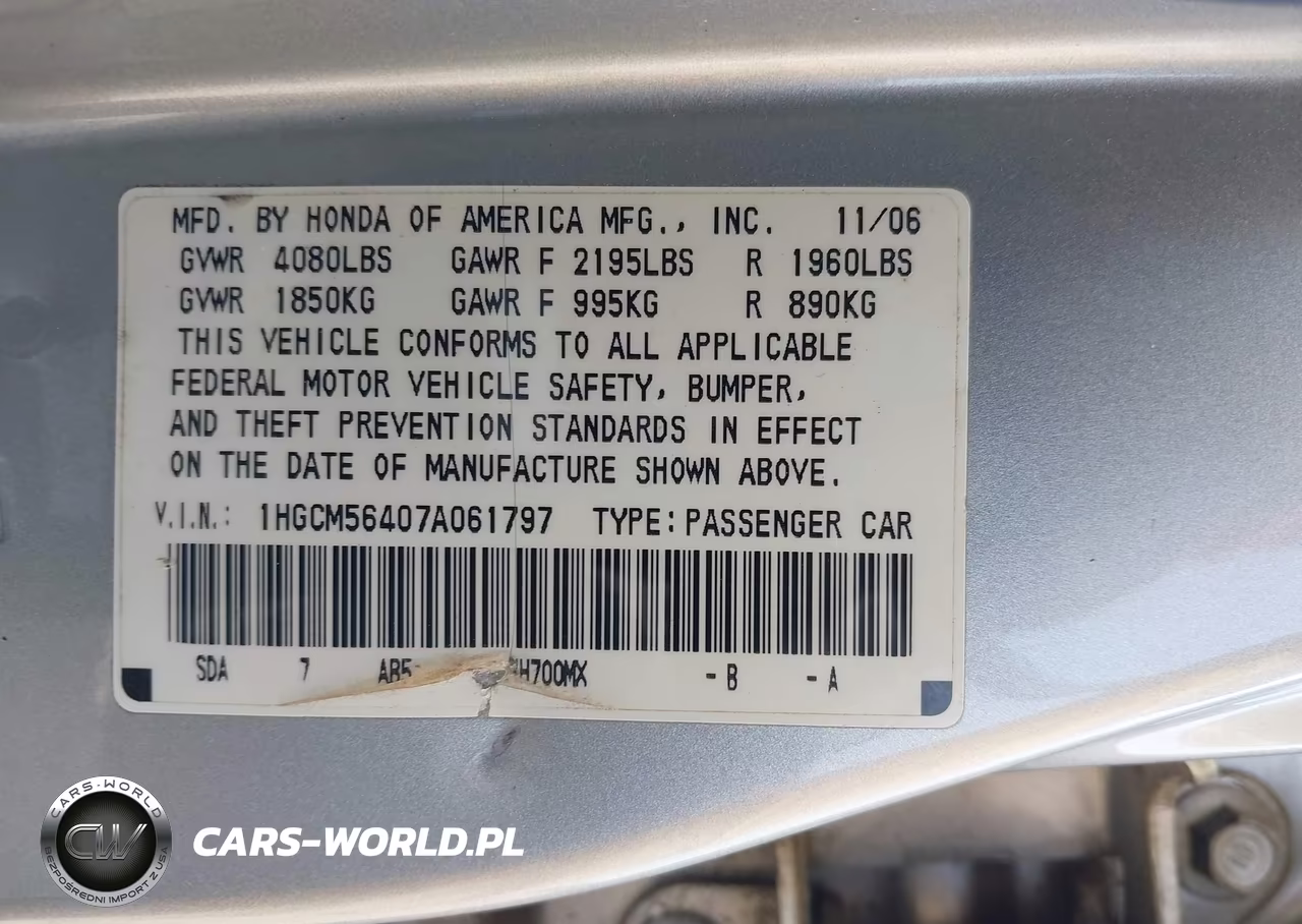 2007 Honda Accord 2.4 Lx VIN:1HGCM56407A061797 - 9