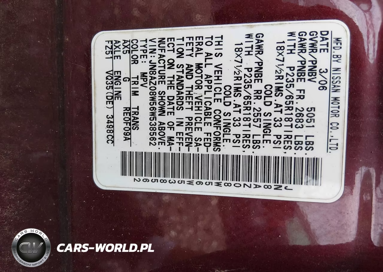2006 Nissan Murano Sl VIN:JN8AZ08W56W538562 - 9