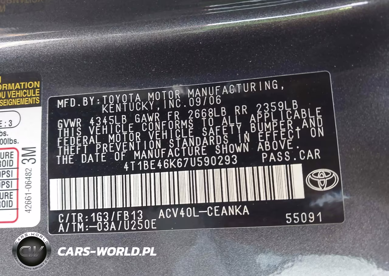 2007 Toyota Camry Le VIN:4T1BE46K67U590293 - 9