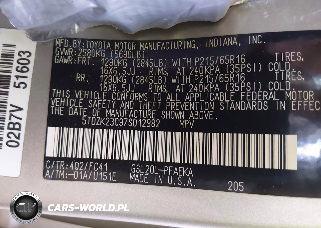 2007 Toyota Sienna Le VIN:5TDZK23C97S012982 - 9