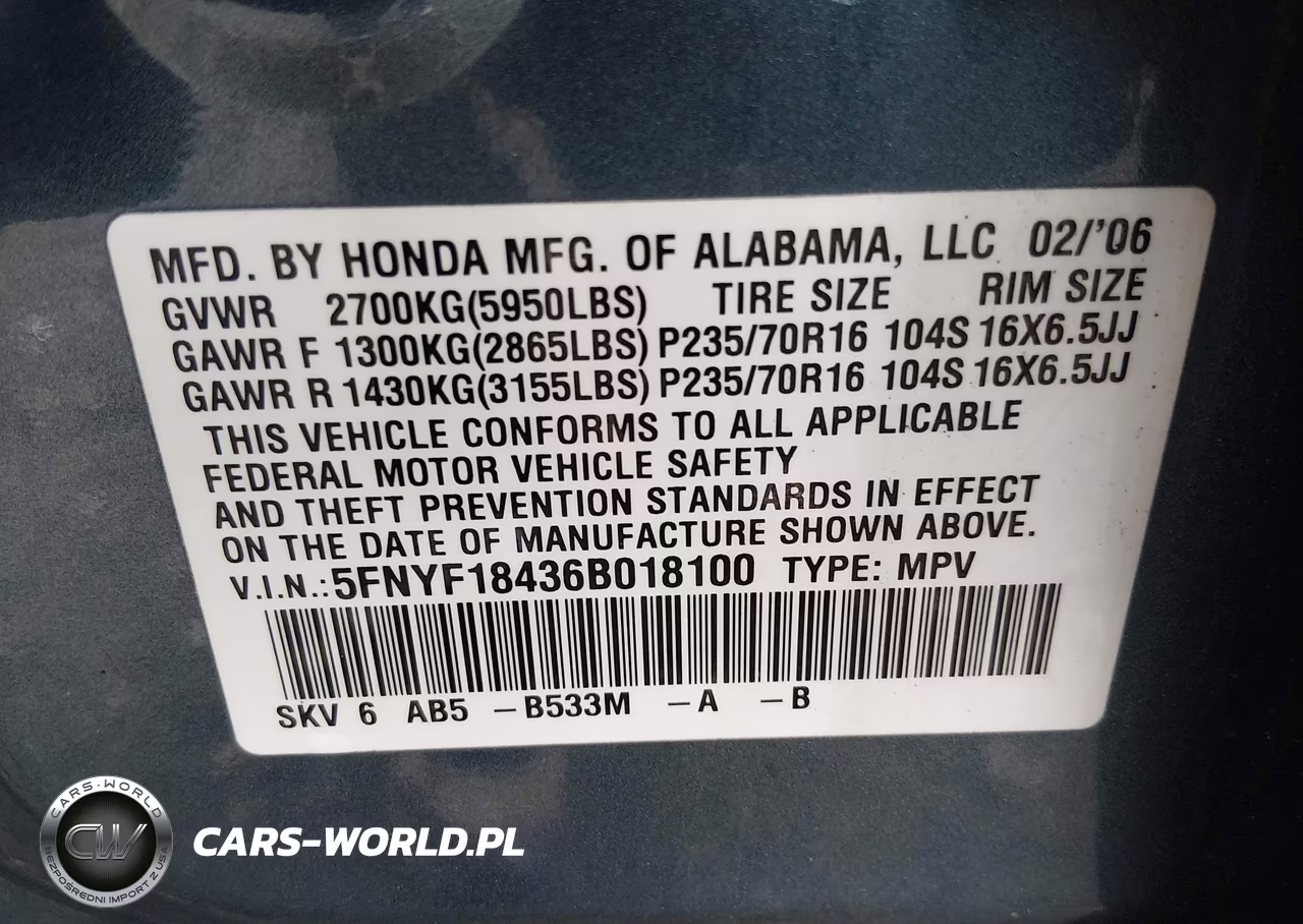 2006 Honda Pilot Ex VIN:5FNYF18436B018100 - 9