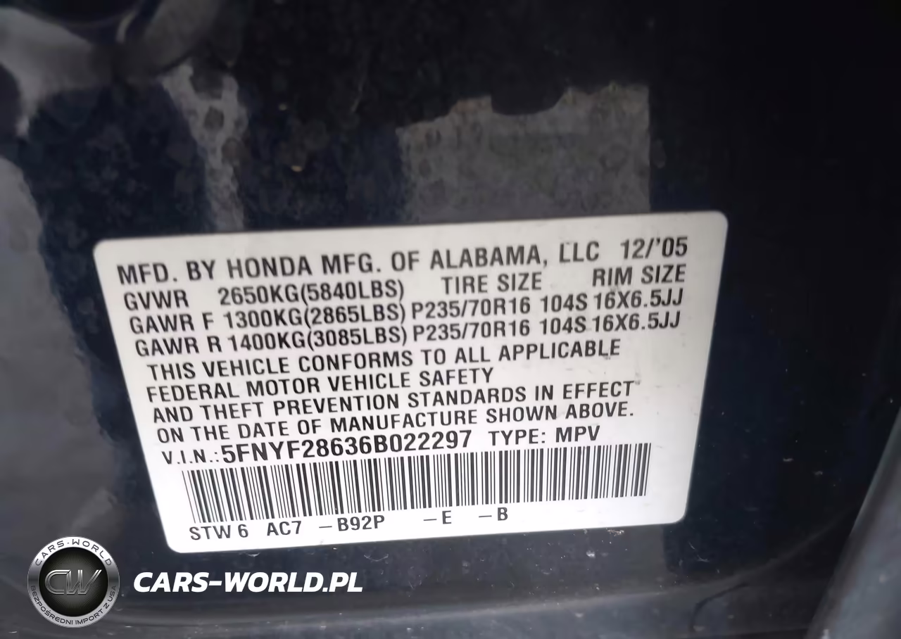 2006 Honda Pilot Ex-L VIN:5FNYF28636B022297 - 9