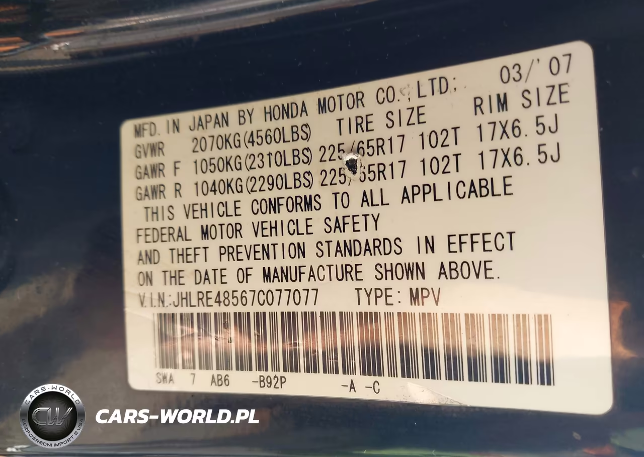 2007 Honda Cr-V Ex VIN:JHLRE48567C077077 - 9