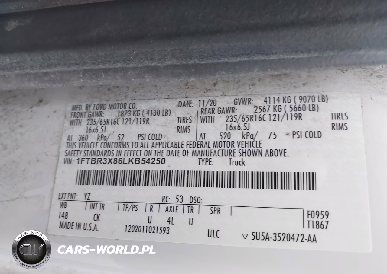 2020 Ford Transit-250 Cargo Van VIN:1FTBR3X86LKB54250 - 9