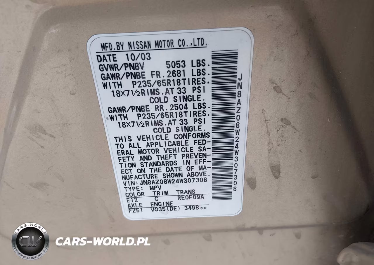 2004 Nissan Murano Se VIN:JN8AZ08W24W307308 - 9