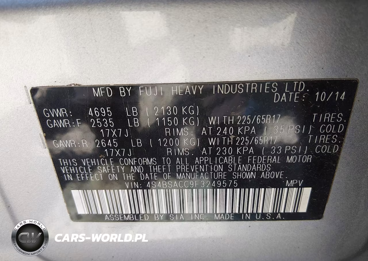 2015 Subaru Outback 2.5I Premium VIN:4S4BSACC9F3249575 - 9