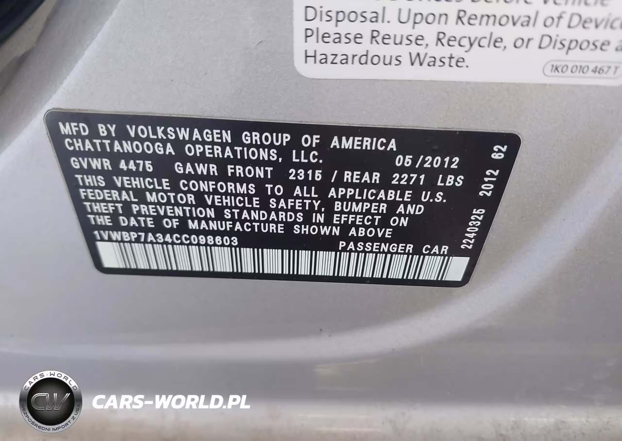 2012 Volkswagen Passat 2.5L Se VIN:1VWBP7A34CC098603 - 9