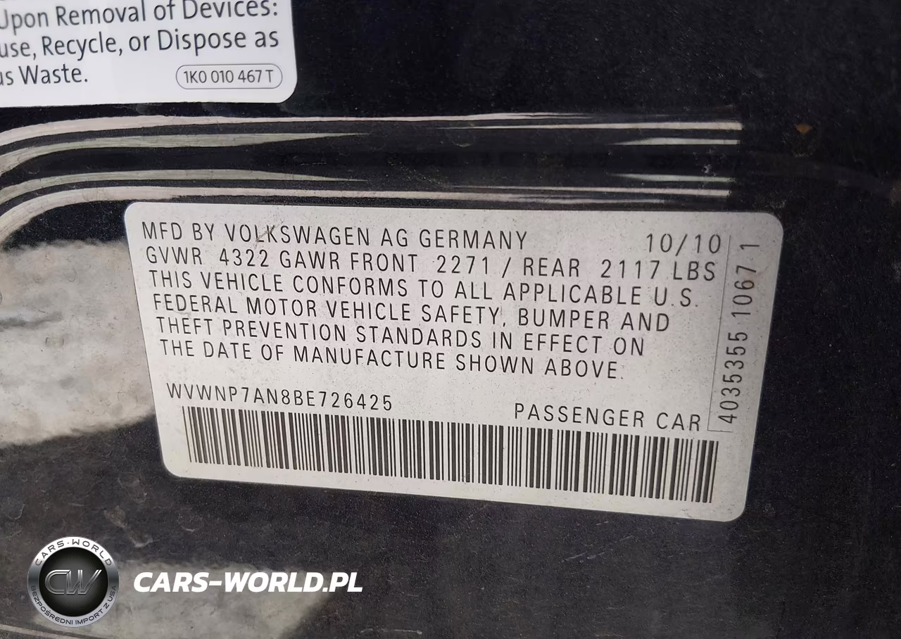 2011 Volkswagen Cc Sport VIN:WVWNP7AN8BE726425 - 9