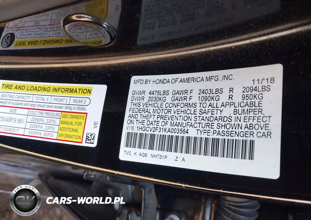 2019 Honda Accord Sport 2.0T VIN:1HGCV2F31KA003564 - 9