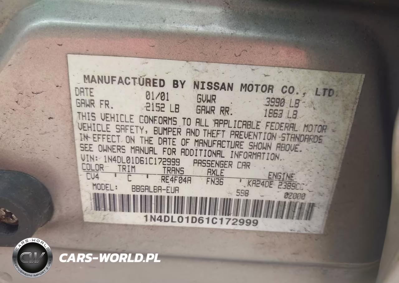 2001 Nissan Altima Gxe VIN:1N4DL01D61C172999 - 9
