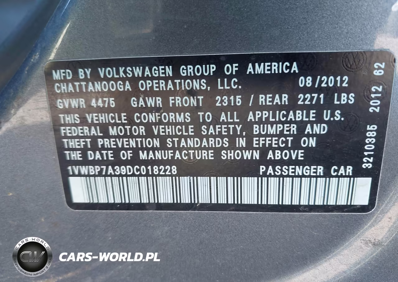 2013 Volkswagen Passat 2.5L Se VIN:1VWBP7A39DC018228 - 9